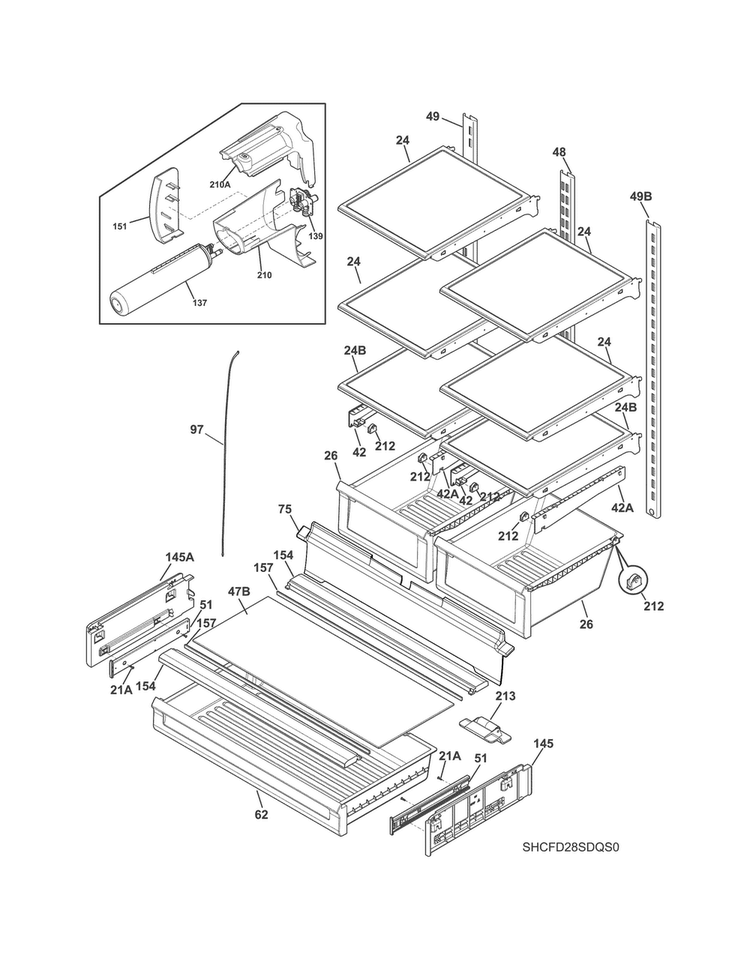 Shelves Diagram and Parts List for CFD28SDQS0  Crosley Refrigerator