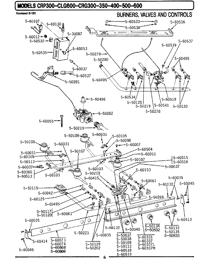 BURNERS, VALVES & CONTROLS Diagram and Parts List for GCRG600  Maytag Range
