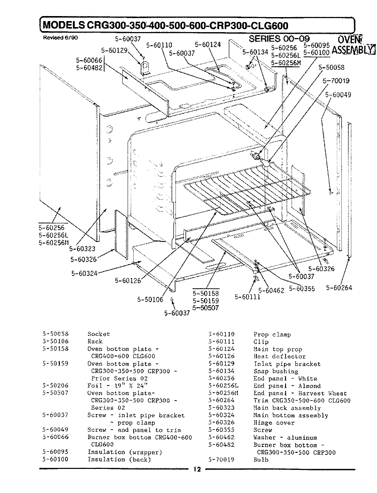 OVEN ASSEMBLY Diagram and Parts List for GCRG600  Maytag Range