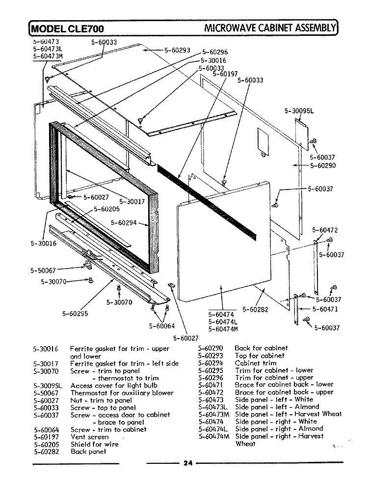 MICROWAVE CABINET ASSEMBLY Diagram and Parts List for CLE700  Maytag Microwave Oven Combo