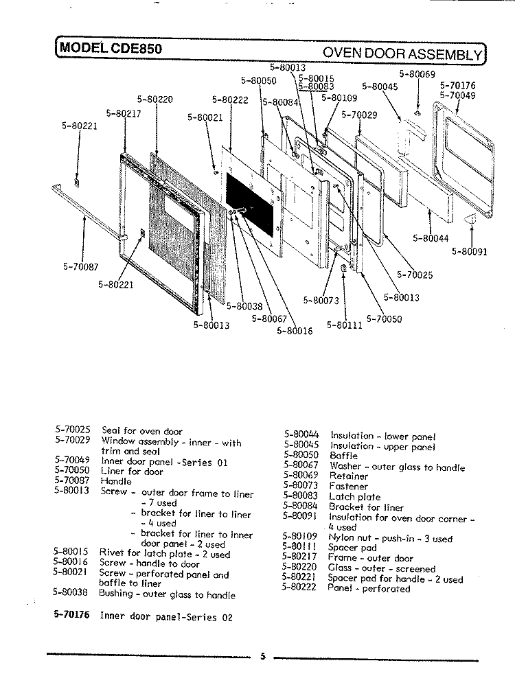 OVEN DOOR ASSEMBLY Diagram and Parts List for CDE850  Maytag Range