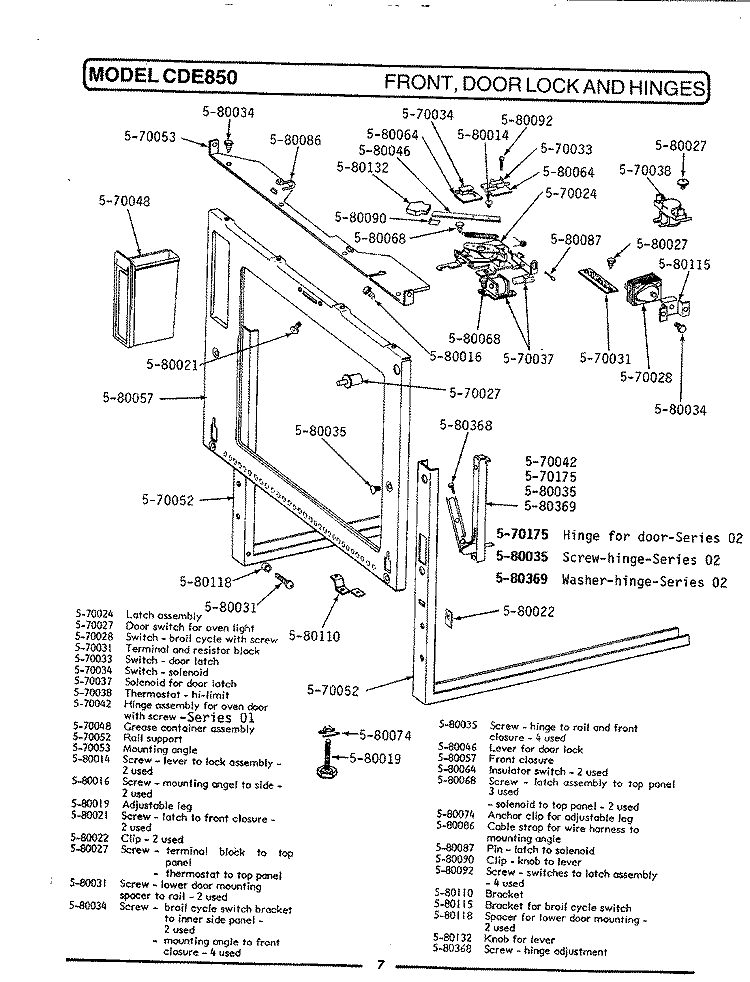 FRONT, DOOR LOCK & HINGES Diagram and Parts List for CDE850  Maytag Range