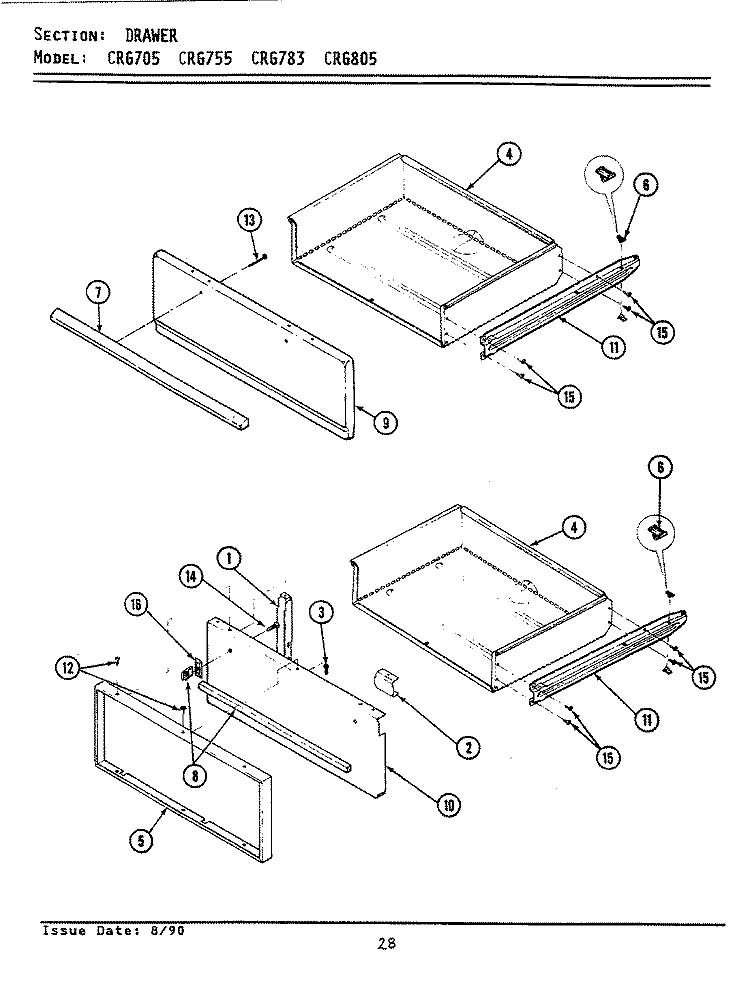 DRAWER Diagram and Parts List for CRG705  Maytag Range