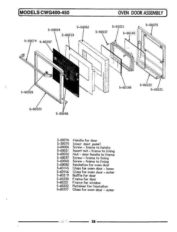 OVEN DOOR ASSEMBLY Diagram and Parts List for CWG450  Maytag Wall Oven