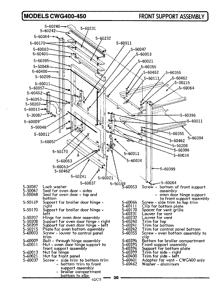 FRONT SUPPORT ASSEMBLY Diagram and Parts List for CWG450  Maytag Wall Oven
