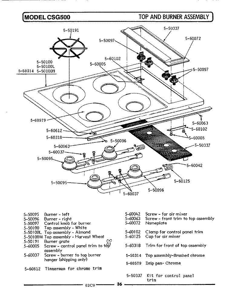 TOP & BURNER ASSEMBLY Diagram and Parts List for CSG500B  Maytag Cooktop