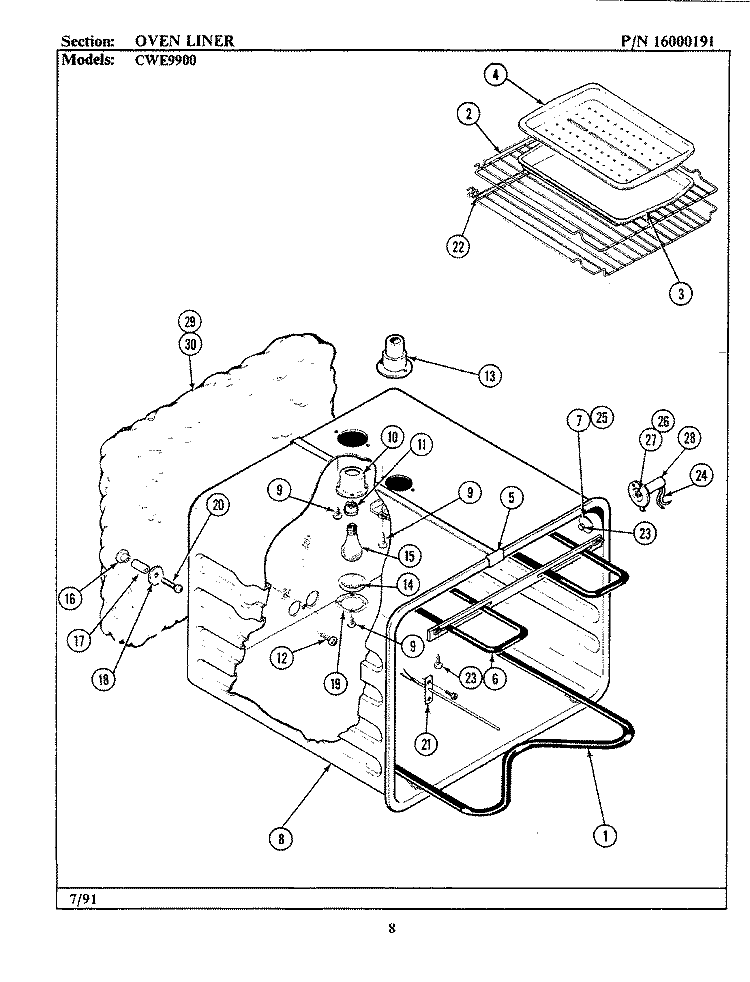 OVEN LINER Diagram and Parts List for CWE9900  Maytag Wall Oven