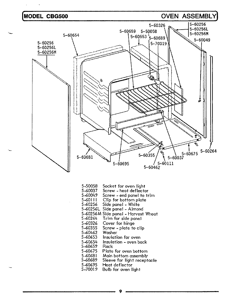 OVEN ASSEMBLY Diagram and Parts List for CBG500  Maytag Range
