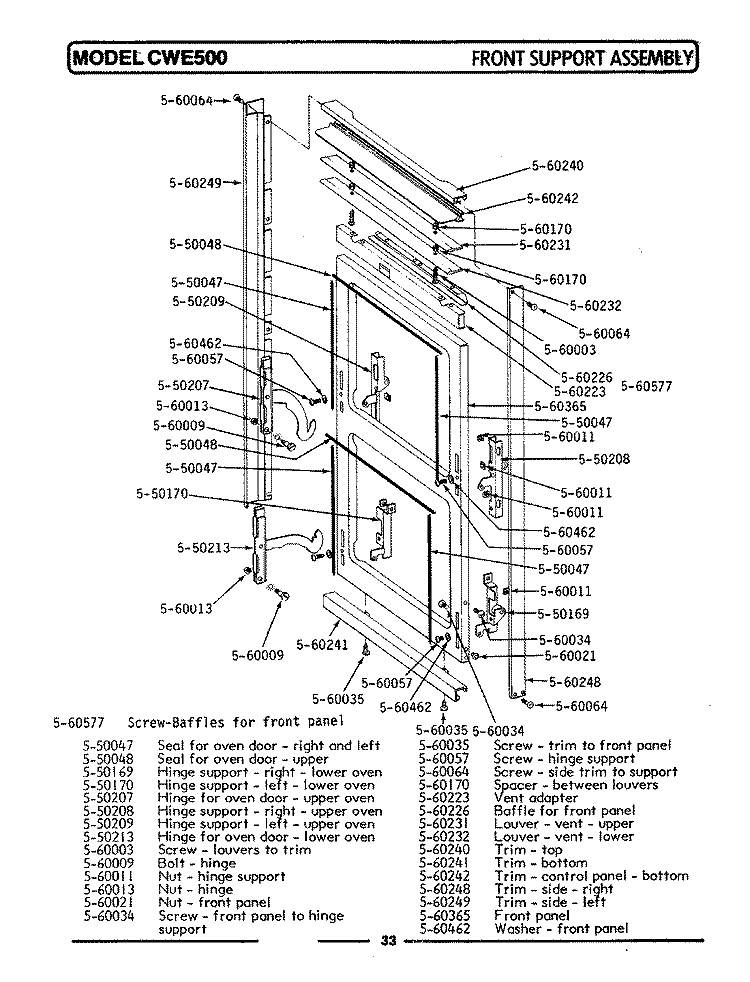 FRONT SUPPORT ASSEMBLY Diagram and Parts List for CWE501  Maytag Wall Oven