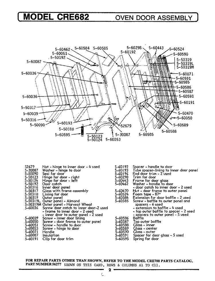 OVEN DOOR ASSEMBLY Diagram and Parts List for CRE682B  Maytag Range