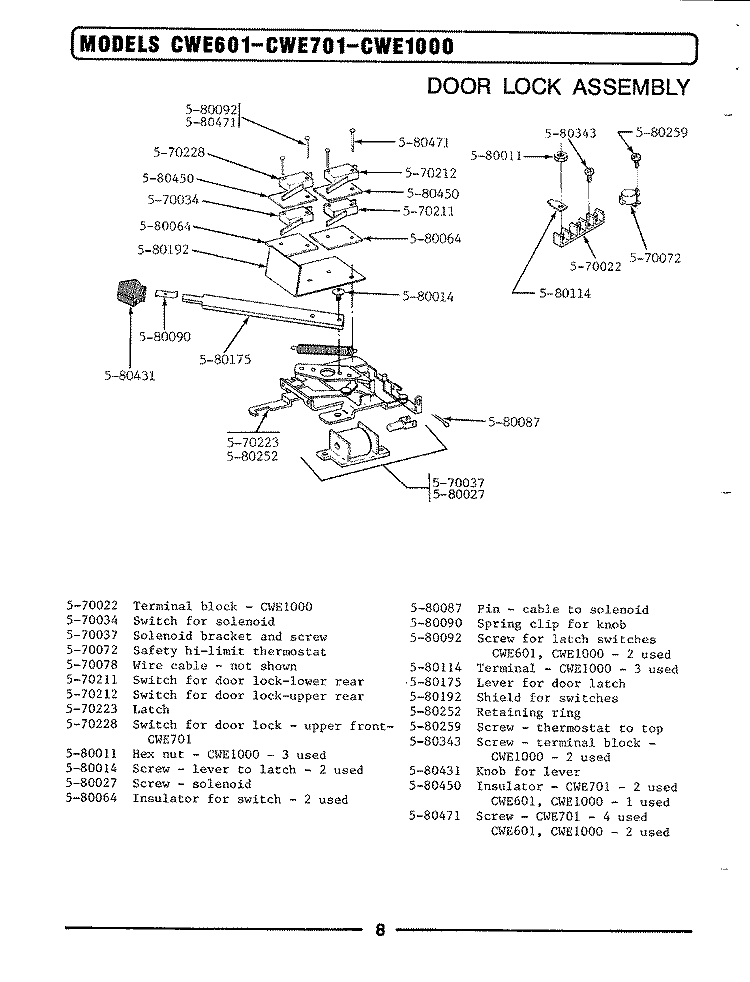 DOOR LOCK ASSEMBLY Diagram and Parts List for CWE1000  Maytag Wall Oven