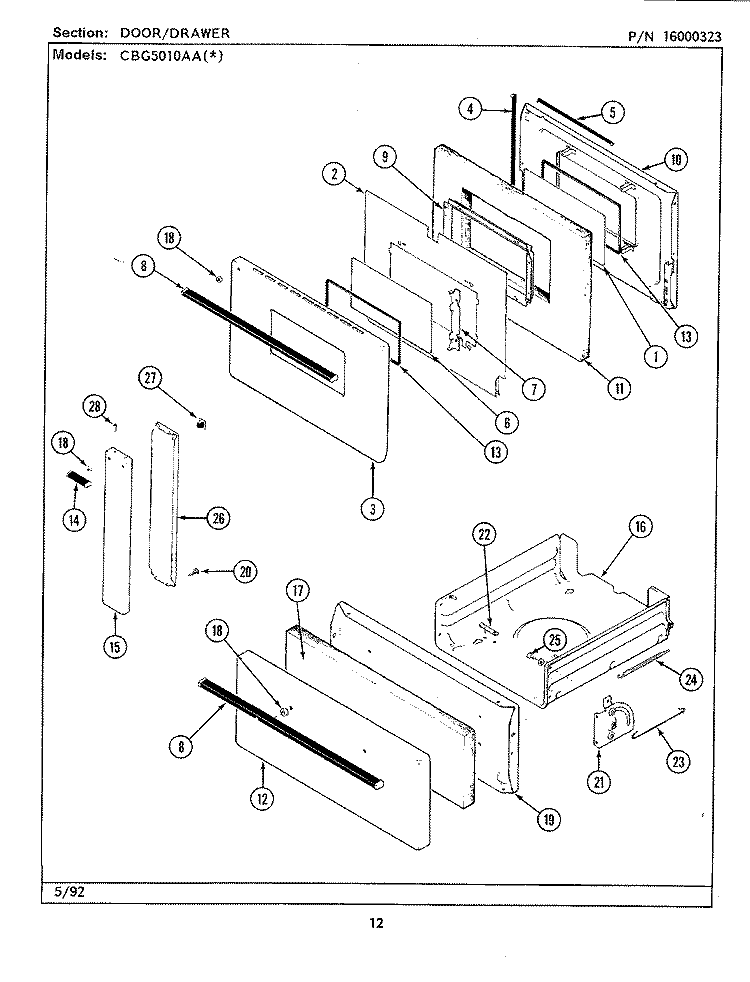 DOOR / DRAWER Diagram and Parts List for CBG5010AAL  Maytag Range