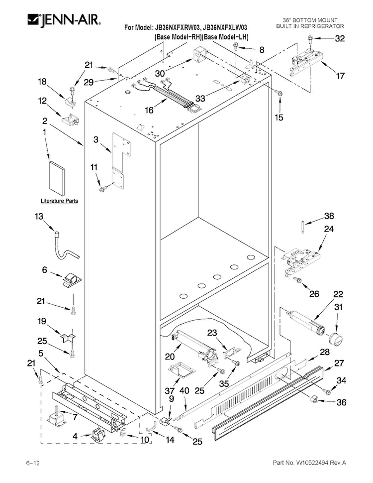 Cabinet Parts Diagram and Parts List for JB36NXFXLW03  Jenn-Air Refrigerator