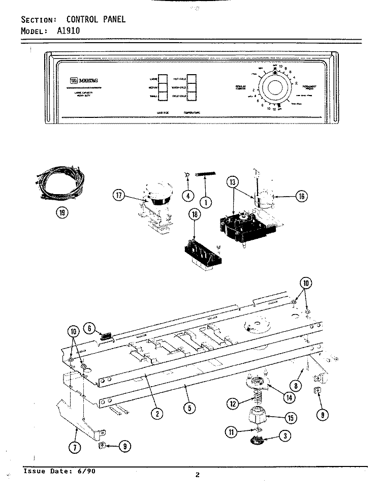 CONTROL PANEL Diagram and Parts List for A1910  Maytag Washer