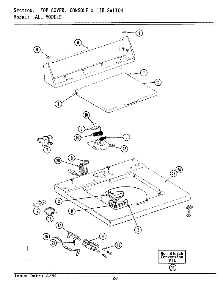 TOP COVER, CONSOLE & LID SWITCH Diagram and Parts List for A1910  Maytag Washer
