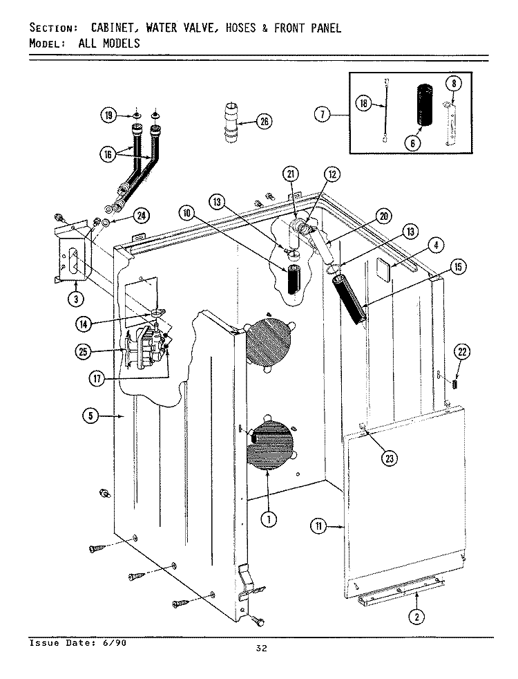CABINET, WATER VALVE, HOSES & FRNT PANEL Diagram and Parts List for A1910  Maytag Washer