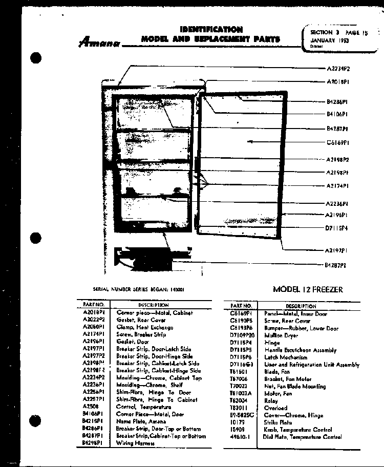 Model 12 Diagram and Parts List for 12K  Amana Freezer