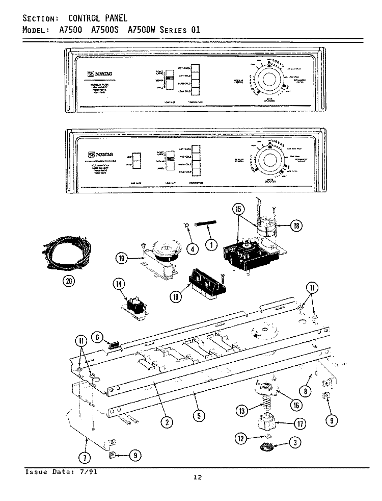 CONTROL PANEL Diagram and Parts List for A7500S  Maytag Washer