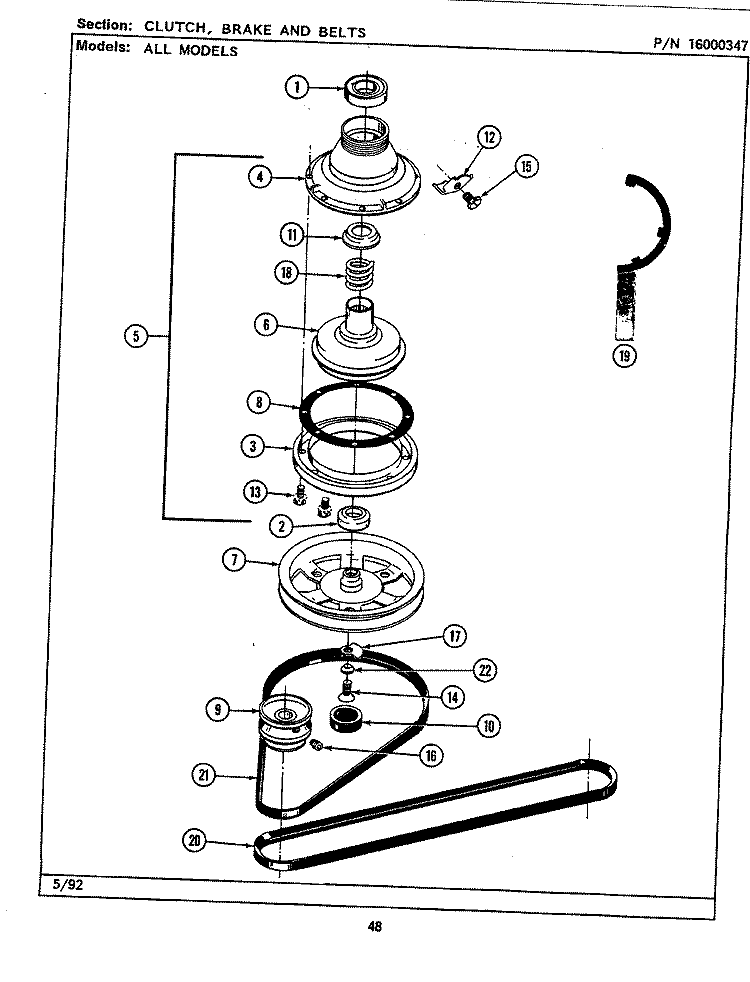 CLUTCH, BRAKE & BELTS Diagram and Parts List for LAT5910AAW  Maytag Washer