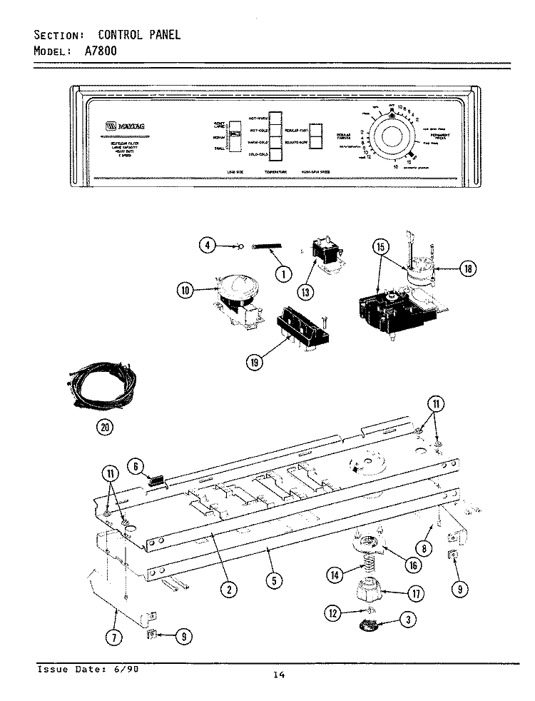 CONTROL PANEL Diagram and Parts List for A7800  Maytag Washer