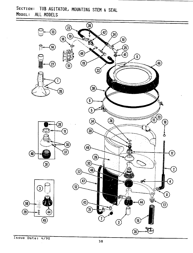 TUB, AGITATOR, MOUNTING STEM & SEAL Diagram and Parts List for A9400  Maytag Washer
