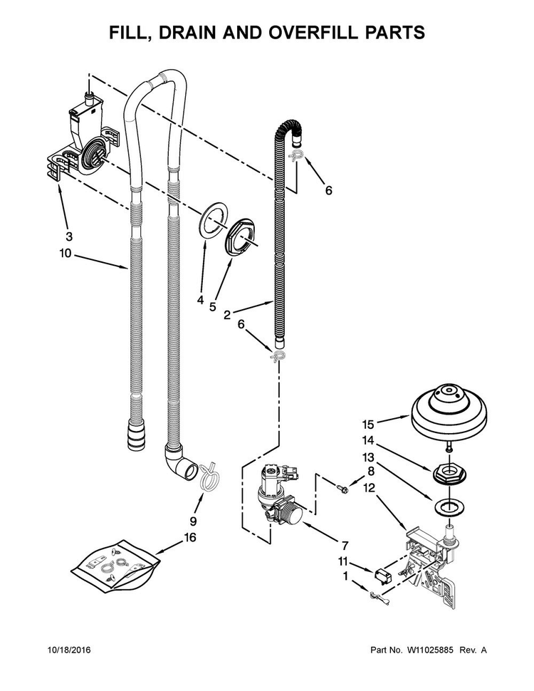 Fill, Drain And Overfill Parts Diagram and Parts List for ADB1700ADB3  Amana Dishwasher