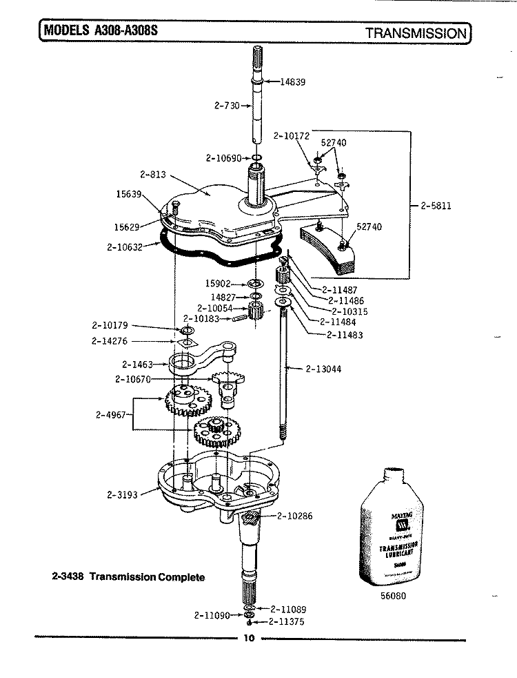 TRANSMISSION Diagram and Parts List for A308  Maytag Washer
