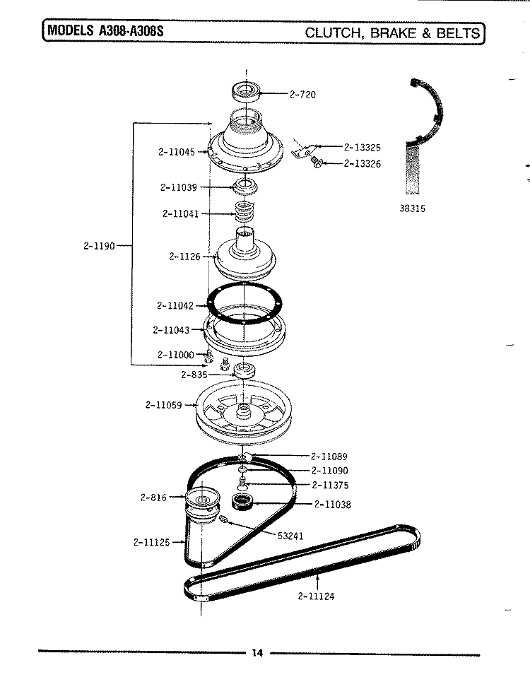 CLUTCH, BRAKE & BELTS Diagram and Parts List for A308  Maytag Washer
