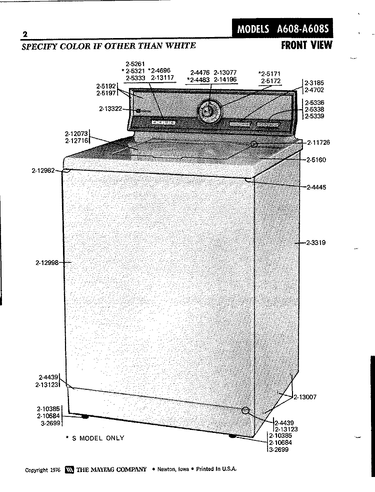 FRONT VIEW Diagram and Parts List for A608  Maytag Washer