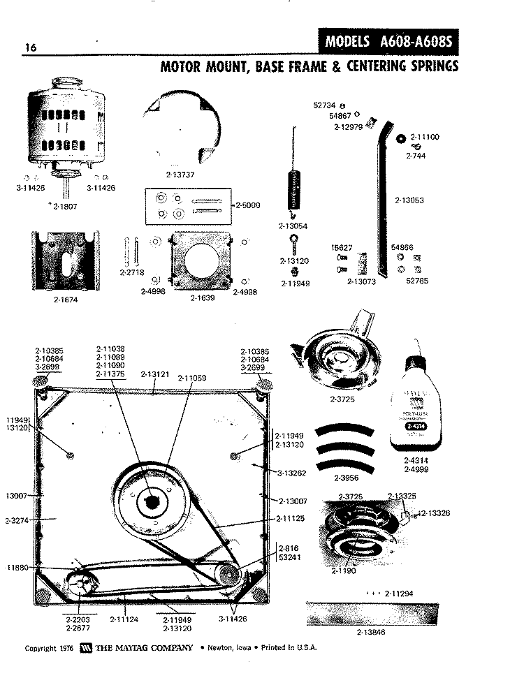 MOTOR MOUNT, BASE FRAME & CENTERING SPRS Diagram and Parts List for A608  Maytag Washer