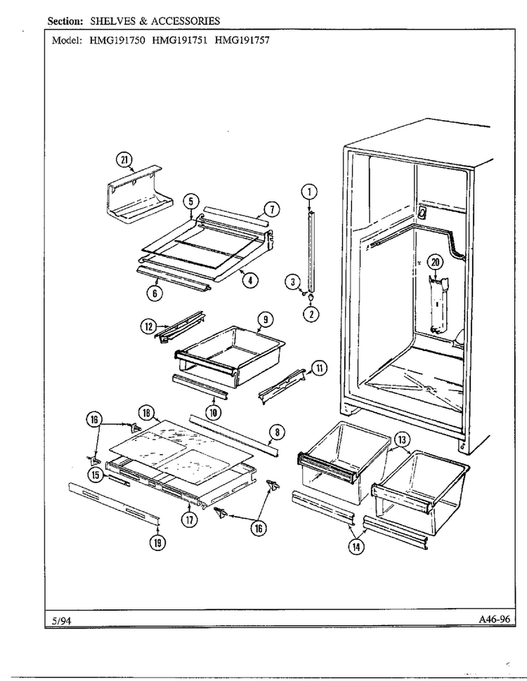 Shelves And Accessories Diagram and Parts List for 19175  Admiral Refrigerator