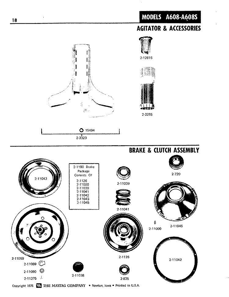 AGITATOR & ACCESSORIES Diagram and Parts List for A608  Maytag Washer