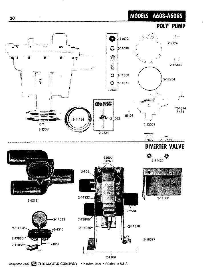 `POLY` PUMP Diagram and Parts List for A608  Maytag Washer