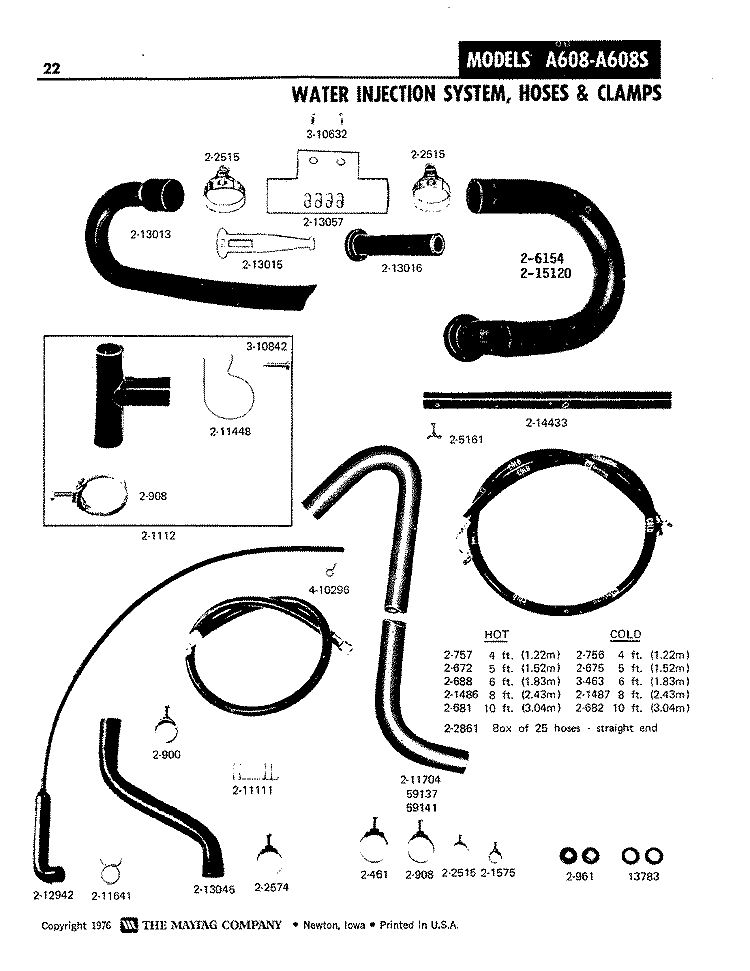 WATER INJECTION SYSTEM, HOSES & CLAMPS Diagram and Parts List for A608  Maytag Washer