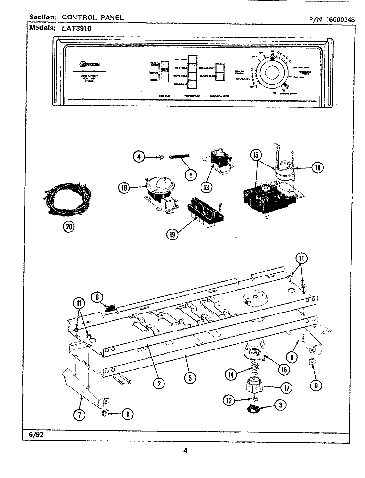 CONTROL PANEL Diagram and Parts List for LAT3910AAL  Maytag Washer
