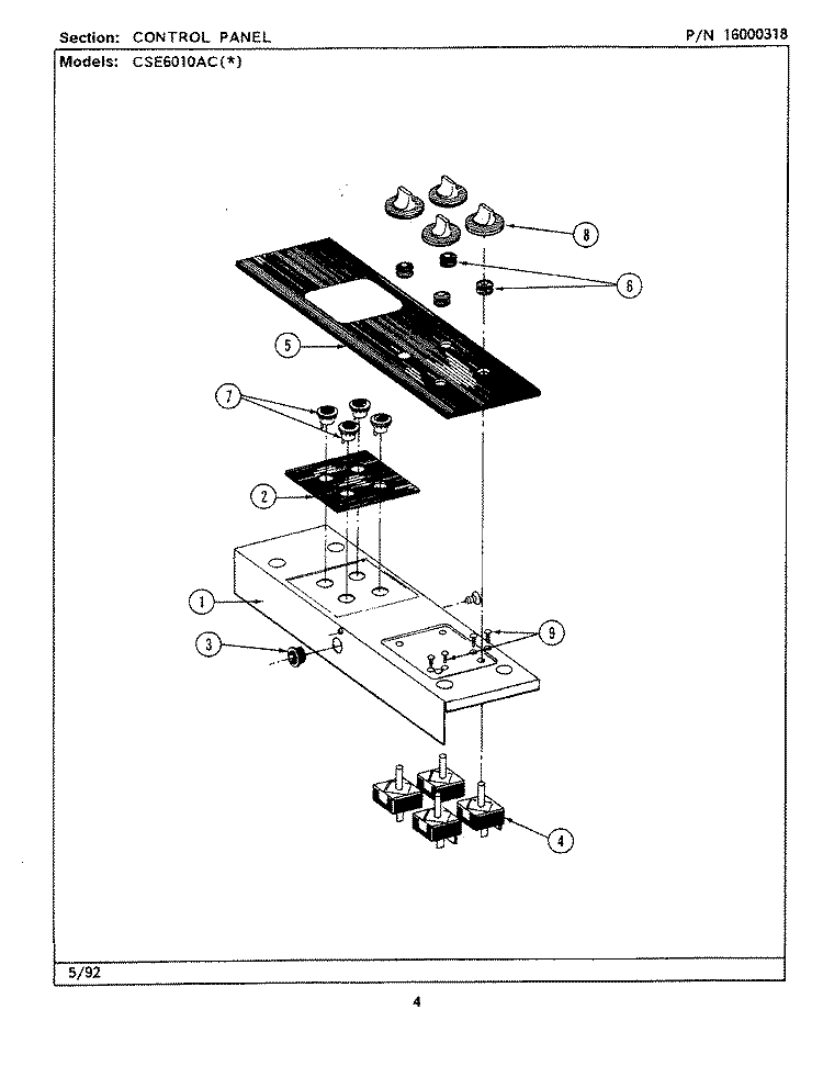 CONTROL PANEL Diagram and Parts List for CSE6010ACL  Maytag Cooktop