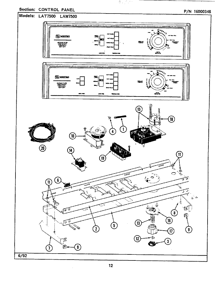CONTROL PANEL Diagram and Parts List for LAT7500AIW  Maytag Washer