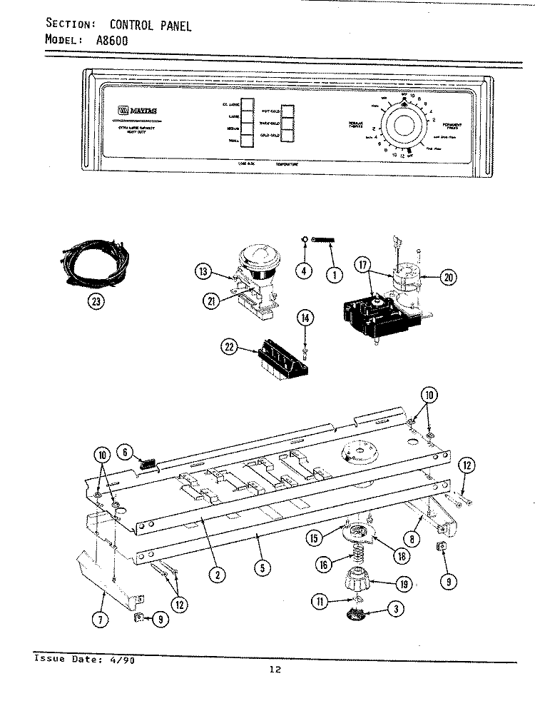 CONTROL PANEL Diagram and Parts List for A8600  Maytag Washer