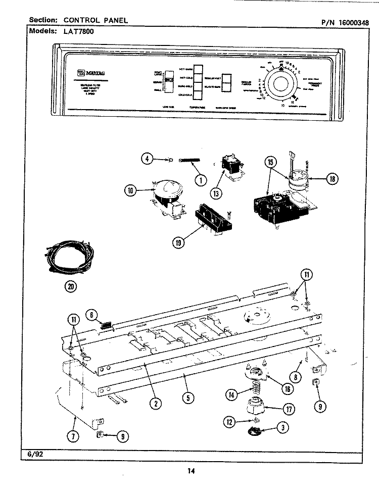 CONTROL PANEL Diagram and Parts List for LAT7800ABW  Maytag Washer