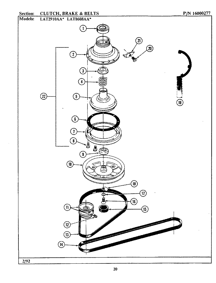 CLUTCH, BRAKE & BELTS Diagram and Parts List for LAT2910AAW  Maytag Washer