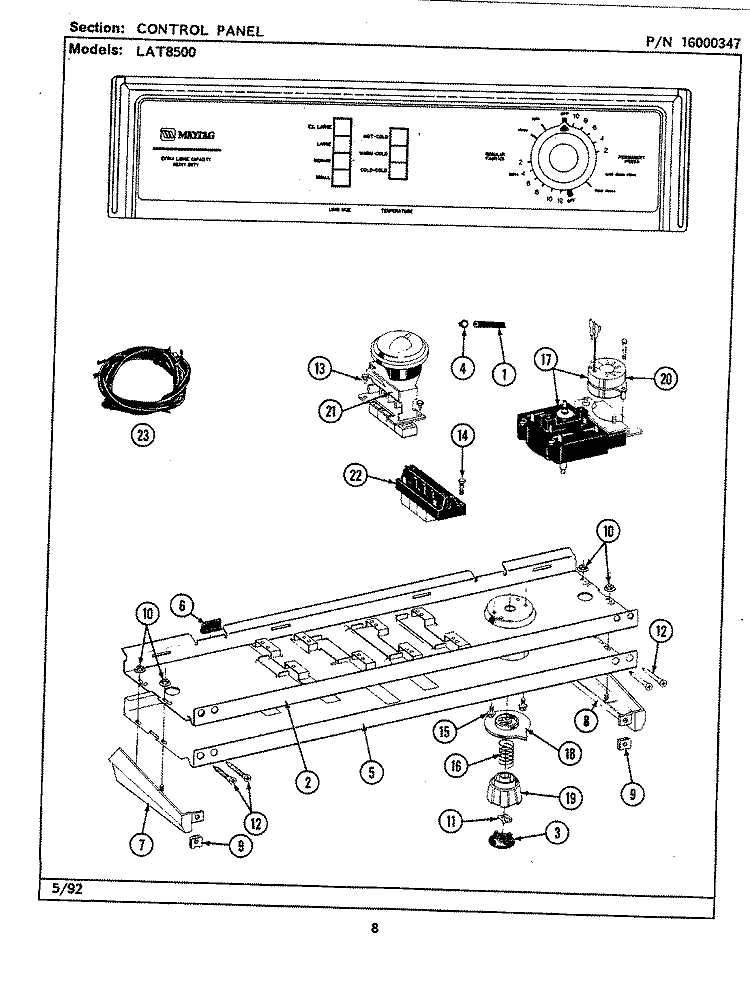 CONTROL PANEL Diagram and Parts List for LAT8500AAW  Maytag Washer