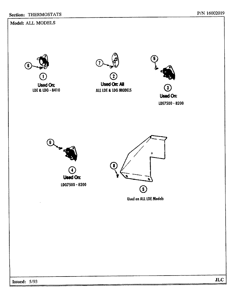 THERMOSTATS (LDE7500ACM, ADM) & (LDG) Diagram and Parts List for LDG7500AAE  Maytag Dryer