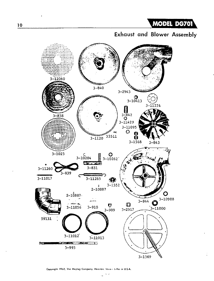 EXHAUST & BLOWER ASSEMBLY Diagram and Parts List for DG701  Maytag Dryer