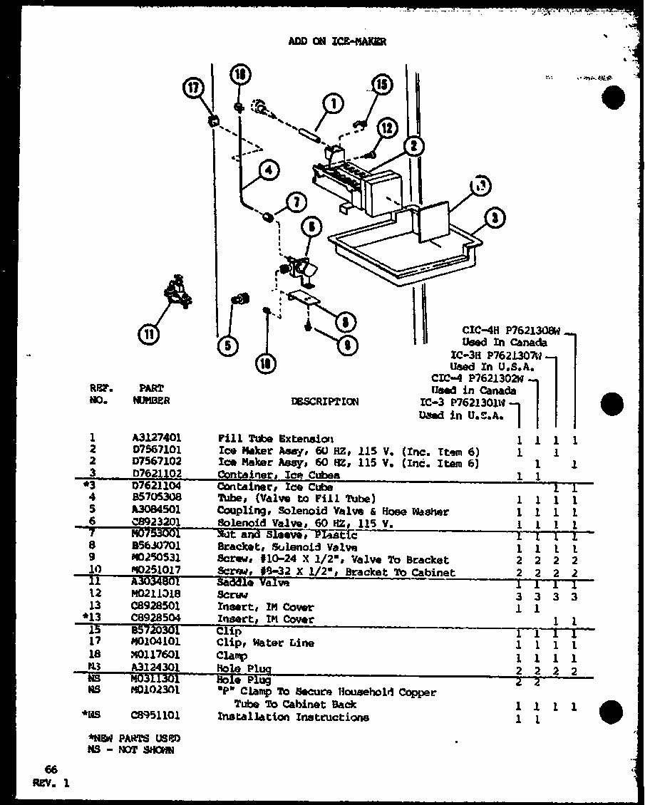 (ic-3/p7621301w) (cic-4/p7621302w) (ic-3h/p7621307w) (cic-4h/p7621308w) Diagram and Parts List for TM20J-P7739008W  Amana Refrigerator