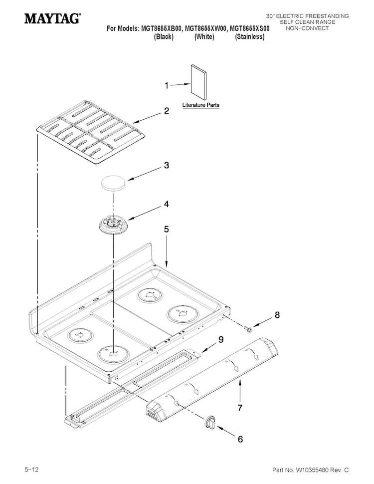 Cooktop Parts Diagram and Parts List for MGT8655XB00  Maytag Range