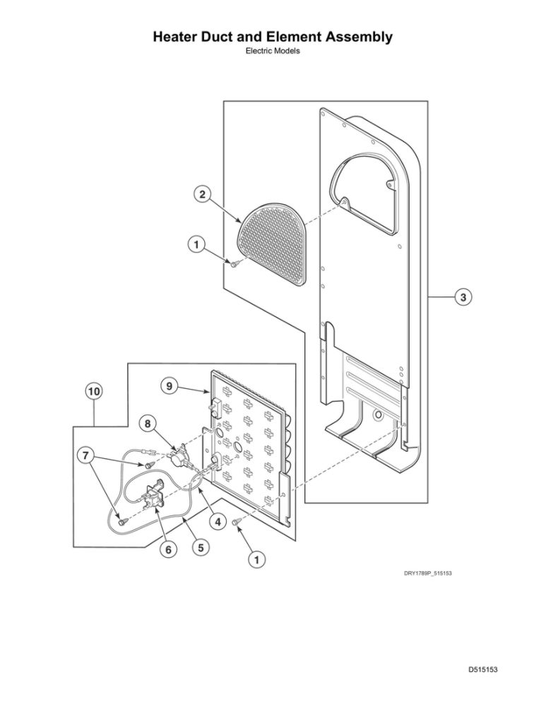 Heater Duct/Element Assembly Diagram and Parts List for ADEE8RGS173TW01  Speed Queen Dryer