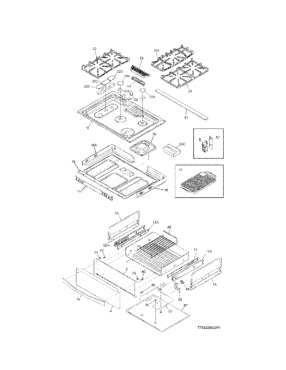 Top/Drawer Diagram and Parts List for 79032632314  Kenmore Range