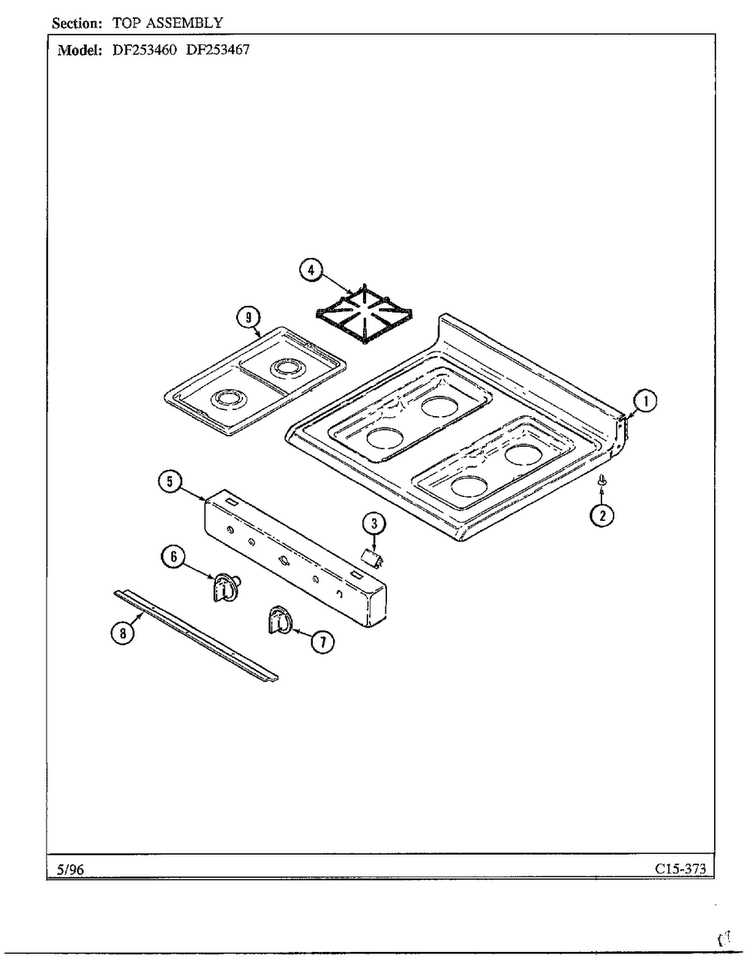 Top Diagram and Parts List for DF253467  Magic Chef Range