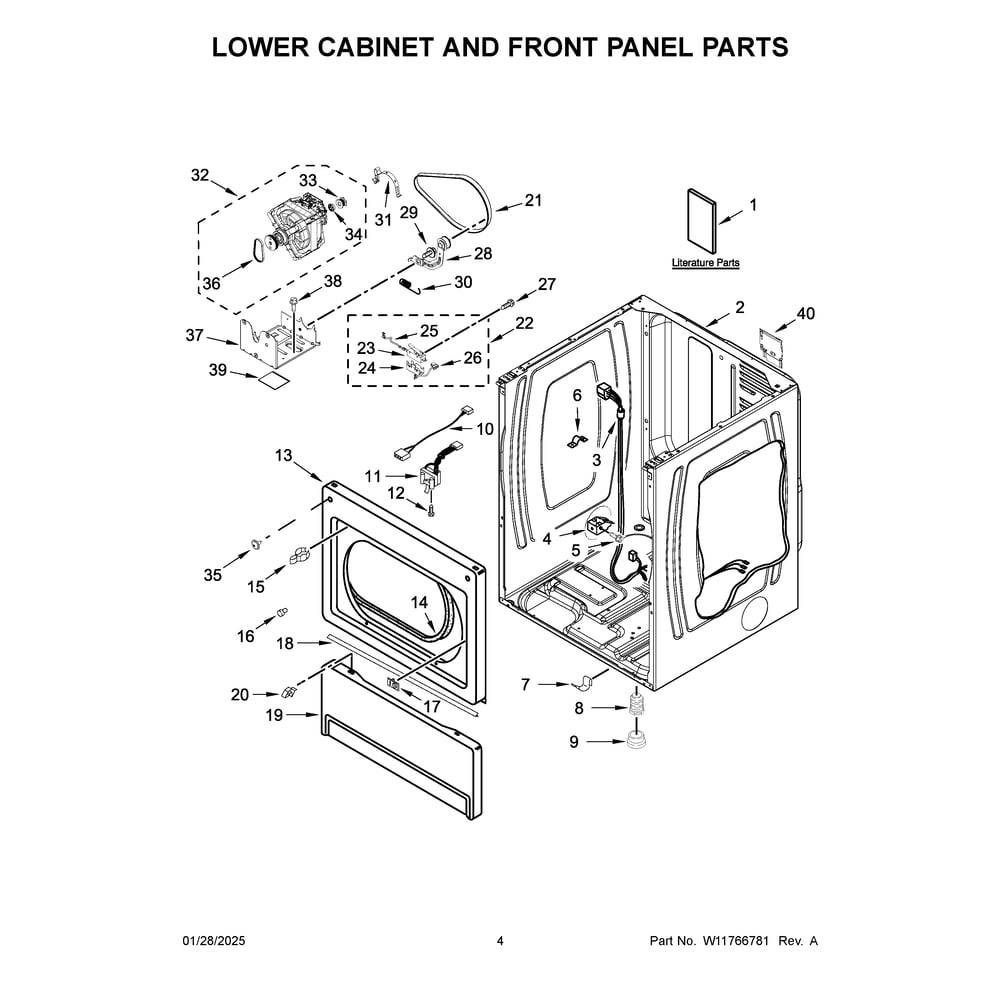 Lower Cabinet And Front Panel Parts Diagram and Parts List for MLE27PDFZW0  Maytag Dryer