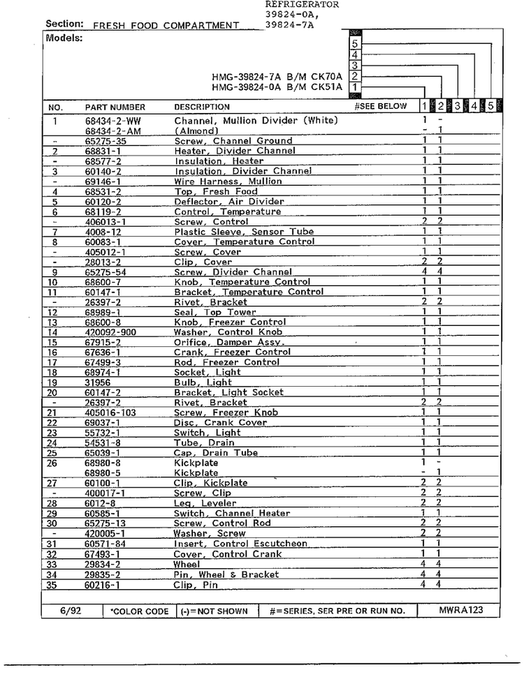 Fresh Food Compartment Page 2 Diagram and Parts List for 39824-7A  Admiral Refrigerator